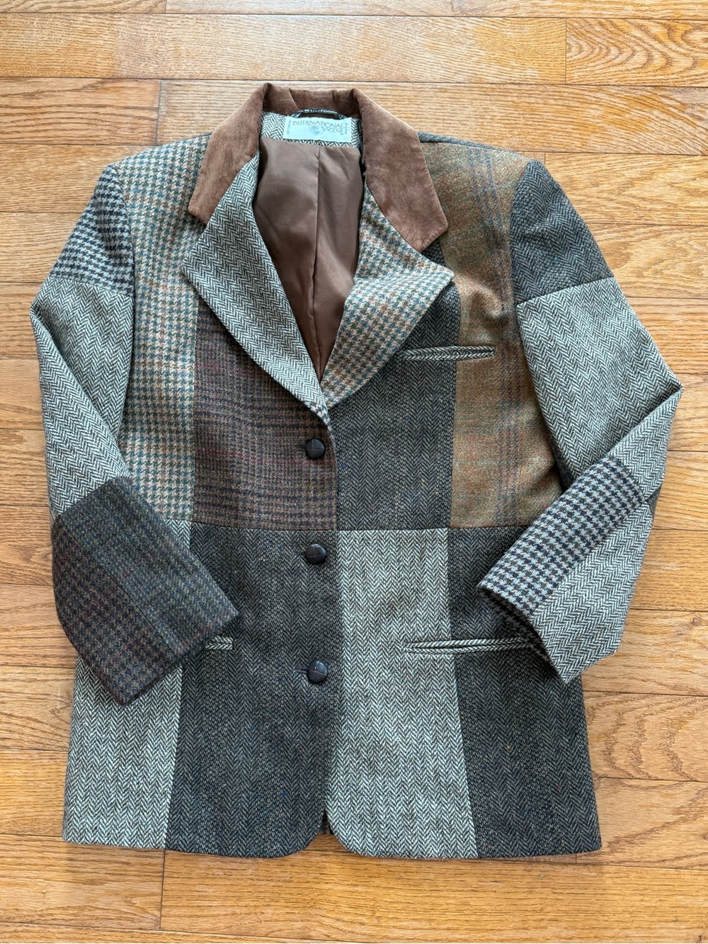 VTG International Scene Patchwork Blazer Womens Wool Herringbone Brown Size 10